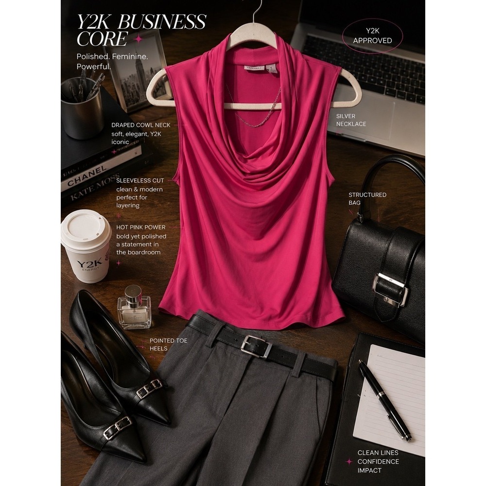 Easywear by Chico's Sleeveless Drape Cowl Neck Top Pink Y2K Boss Babe XS 1